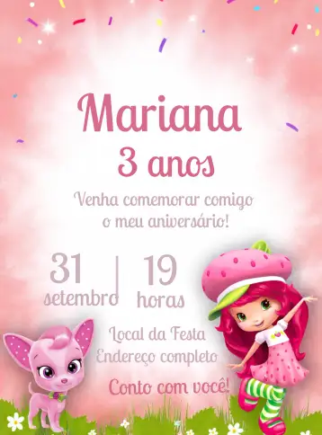 Convite Fresa Dibujo para cumpleaños infantil – tema más buscados (colores pastel, infantil, tierno, juguetón, tropical, modernito)