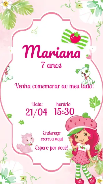 Convite Moranguinho Menina para aniversário infantil – tema mais pesquisados (rosa, infantil, lúdico, colorido, divertido)