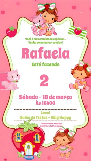 Convite Fresa Niña para cumpleaños infantil. – tema más buscados (rosa, divertido, lúdico, colorido, infantil)