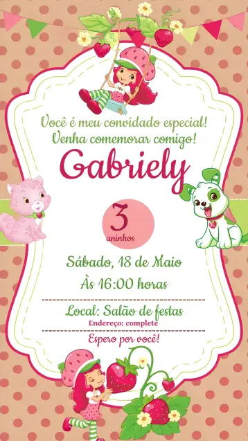 Convite Pink Strawberry para children's birthday with a strawberry theme. – tema kids' birthday party (pastel colors, fruits, childish, fun, colorful, illustrations)