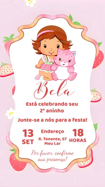 Convite Moranguinho Shortcake para aniversário infantil – tema mais pesquisados (delicado, floral, aquarela, rosa, infantil, colorido)
