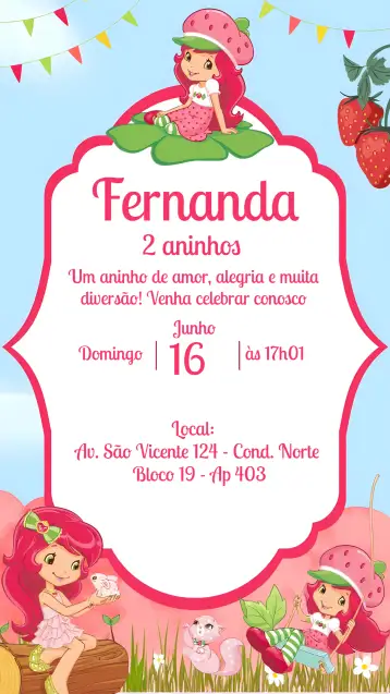 Convite Fresa Moranguinho para cumpleaños infantil – tema cumpleaños infantil (rosa, verde, infantil, lúdico, frutal, colorido)