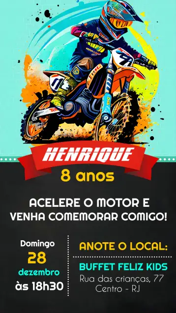 Convite Motocross para fiesta temática de motocross o cumpleaños de amantes de las motos. – tema más buscados (azul, moderno, deportivo, adrenalina, motos, temático)