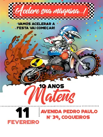 Convite Motocross Motocrosss para boys birthday with motocross theme. – tema kids' birthday party (motocross, adventure, sports-themed, colorful, dynamic)