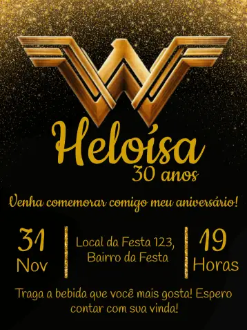 Convite Mulher Maravilha Confetes para aniversário adulto com tema mulher maravilha. – tema aniversário (dourado, moderno, temático, elegante, vibrante)