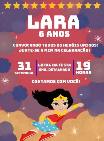 Convite Mulher Maravilha Estrelas editável e personalizável