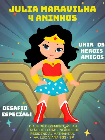 Convite Mulher Maravilha Heróis para festa temática de aniversário ou evento de super-heróis. – tema mais pesquisados (super-heróis, vibrante, moderno, colorido, aventura)