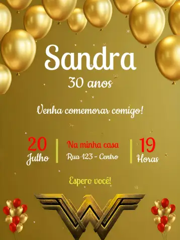 Convite Mulher Maravilha Infantil para aniversário infantil – tema aniversário (super-heroína, colorido, vibrante, divertido, temático)