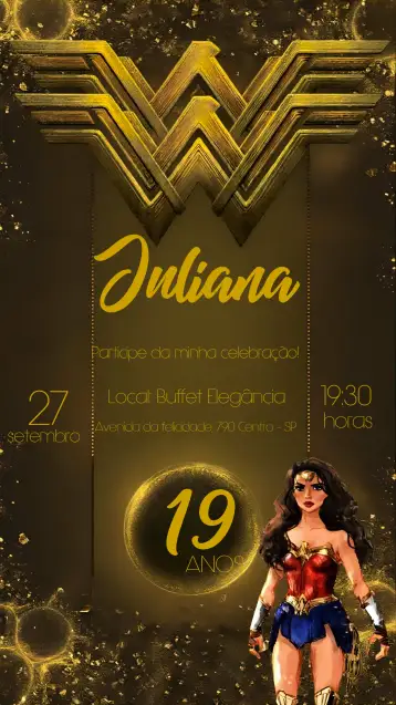 Convite Black Wonder Woman para superhero-themed birthday. – tema birthday (black, golden, superheroes, modern, feminine, elegant)