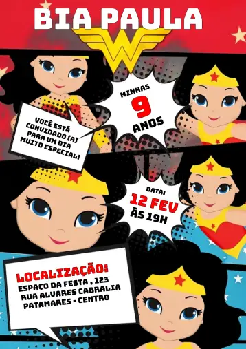 Convite Wonder Woman Comics League para kids birthday with superheroes theme. – tema kids' birthday party (comics, superheroes, red and yellow, modern, colorful, fun)