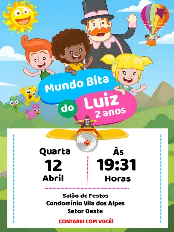 Convite Mundo Bita Colorido para cumpleaños infantil – tema más buscados (colorido, divertido, infantil, ilustraciones, alegre)