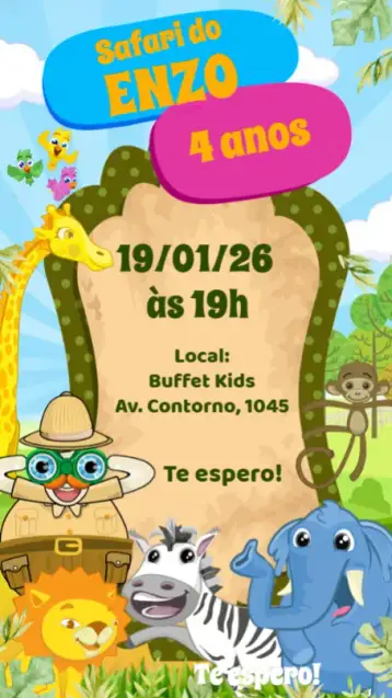 Convite Mundo Bita Safari para aniversário infantil com tema de safari. – tema aniversário infantil (colorido, divertido, animais, selva, infantil, temático)