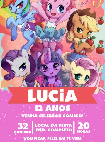 Convite My Little Poney Rosa editável e personalizável