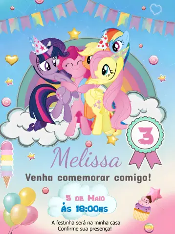 Convite My Little Pony Editar para aniversário infantil com tema my little pony. – tema mais pesquisados (colorido, lúdico, fantasia, mágico, temático, divertido)