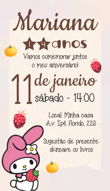 Convite My Melody Hello Kitty Festa editável e personalizável