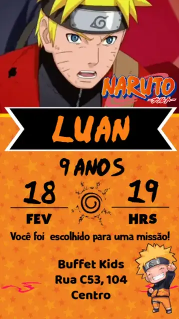 Convite Naruto para aniversário infantil ou festa temática inspirada no anime. – tema aniversário (anime, aventura, colorido, jovial, divertido, moderno)