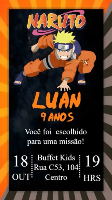 Convite Naruto para cumpleaños infantil con temática de naruto – tema cumpleaños infantil (temática de anime, colores vibrantes, estilo moderno, ilustraciones divertidas, elementos gráficos de Japón)