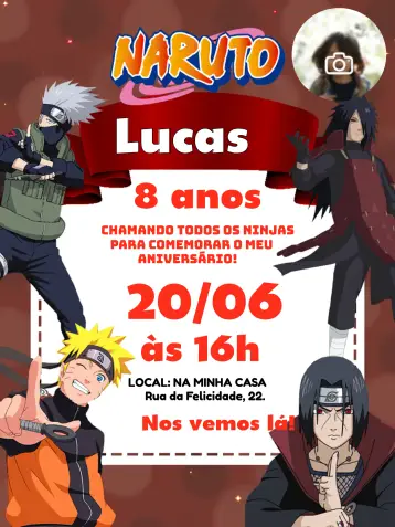 Convite Naruto Com Foto Aldeia editável e personalizável