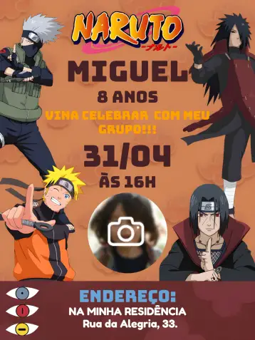 Convite Naruto Com Foto Sasuke para aniversário infantil com tema naruto. – tema aniversário infantil (ninja, anime, colorido, moderno, infantil)