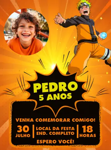 Convite Naruto Con Foto Shippuden para cumpleaños infantil – tema cumpleaños infantil (naranja y negro, temática ninja, estilo anime, elementos gráficos de acción, diseño divertido)