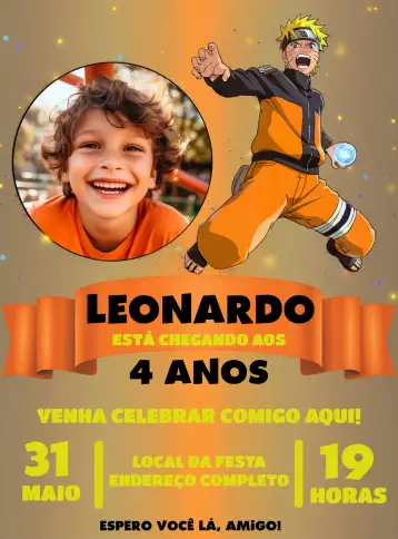 Convite Naruto Com Foto Uzumaki para aniversário infantil com tema naruto. – tema aniversário infantil (temática ninja, cores vibrantes, elementos gráficos de anime, design moderno, ilustrações do universo Naruto, estilo divertido)