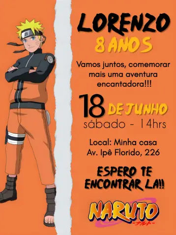 Convite Naruto Festa editável e personalizável