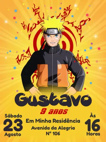 Convite Naruto Fundo para aniversário infantil – tema aniversário infantil (temática anime, cores vibrantes, estilo listrado, elementos gráficos de aventura, design moderno, estilo divertido)