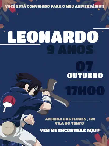 Convite Naruto Infantil para aniversário infantil – tema aniversário infantil (anime, colorido, moderno, jovial, divertido, dinâmico)