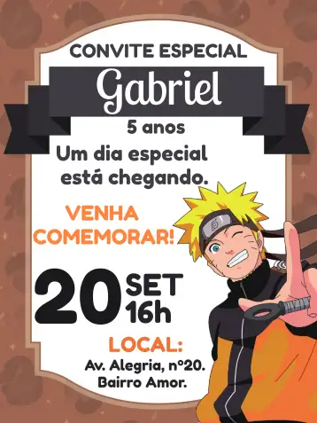 Convite Naruto Laranja para aniversário infantil com tema de naruto. – tema aniversário infantil (laranja vibrante, estilo anime, elementos gráficos divertidos, inspirado em Naruto, design moderno, cores alegres)
