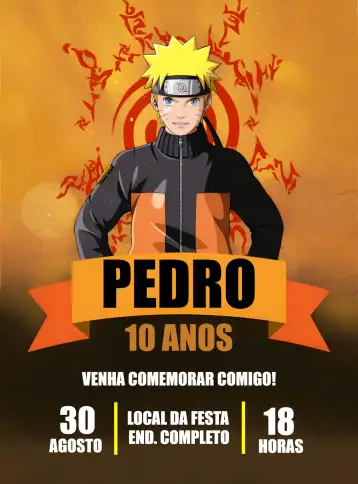 Convite Orange Naruto para children's birthday – tema kids' birthday party (orange, anime, ninja, colorful, childish, fun)