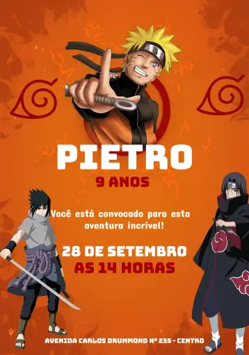 Convite Naruto Preto editável e personalizável