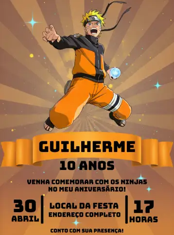 Convite Naruto Preto para aniversário infantil com tema naruto. – tema aniversário infantil (ninja, anime, colorido, moderno, divertido)