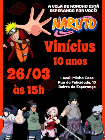 Convite Naruto Preto para aniversário infantil – tema aniversário infantil (anime, temática de ninjas, cores vibrantes, moderno, ilustrações de personagens, estilo urbano)