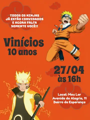 Convite Naruto Preto para aniversário infantil – tema aniversário infantil (preto, dourado, anime, ninja, temático)