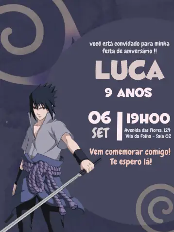 Convite Naruto Sasuke para aniversário infantil com tema naruto. – tema aniversário infantil (cores vibrantes, estilo anime, elementos gráficos de ninja, design dinâmico, festa infantil, aventura)