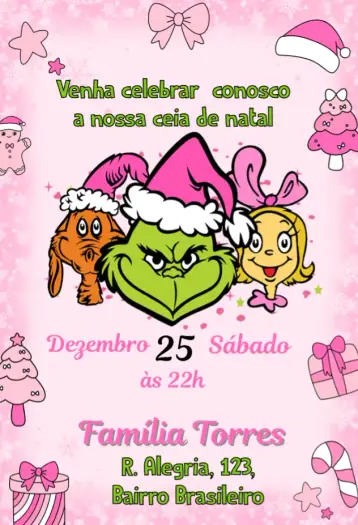 Convite Natal com Grinch Rosa editável e personalizável
