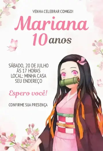 Convite Nezuko Kamado 1 para aniversário infantil – tema aniversário infantil (colorido, jovial, fantasia, anime, divertido)
