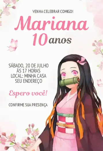 Convite Nezuko Kamado 1 editável e personalizável