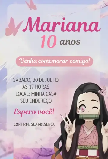 Convite Nezuko Kamado 2 editável e personalizável
