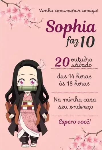 Convite Nezuko Kamado 3 para aniversário infantil – tema aniversário infantil (anime, rosa, fofo, divertido, jovial, colorido)