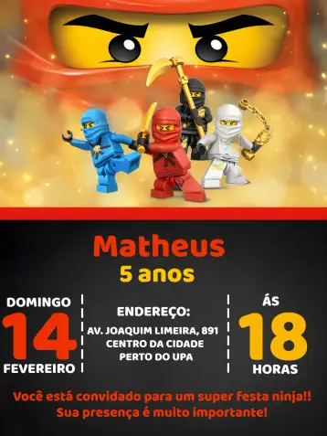 Convite Ninjago Amarelo editável e personalizável