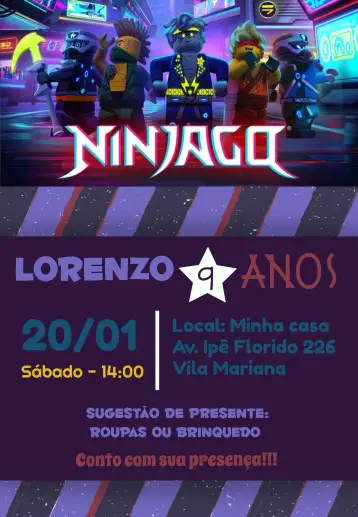 Convite Ninjago Lego Ninja Go Jogo editável e personalizável