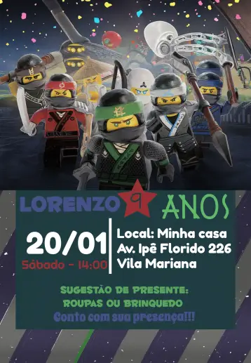 Convite Ninjago Lego Ninja Go Jogo editável e personalizável