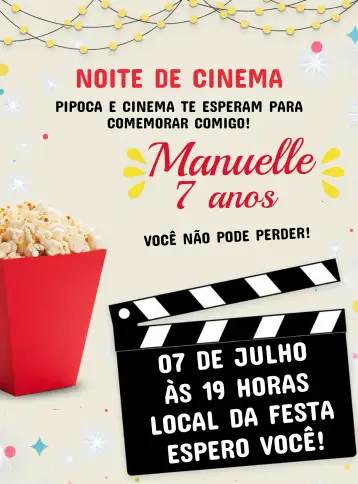 Convite Noite De Cinema Branco para noite de cinema com amigos e família. – tema mais pesquisados (elegante, moderno, cinematográfico, minimalista, preto e branco, temática de filme)
