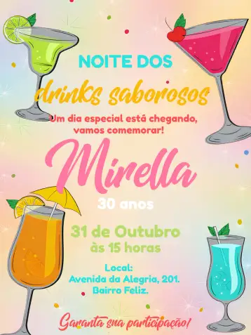 Convite Girls' Night Out Good Drinks para friends' birthday on a night of celebration and drinks. – tema birthday (colorful, modern, feminine, elegant, casual)