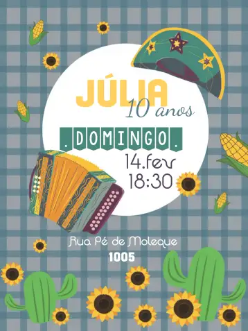 Convite Northeastern Baião Jão para june party or any northeastern themed celebration. – tema commemorative dates (vibrant colors, country style, Northeastern graphic elements, cactus print, inspired by June festivals, cheerful and festive design)