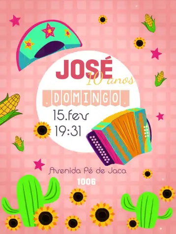 Convite Northeastern Accordion para birthday with northeastern and junino theme. – tema birthday (junino, caipira, vibrant, cultural, colorful, traditional)