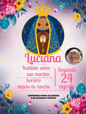 Convite Nossa Senhora Com Foto Rosa para batizado de meninas – tema batizado (rosa, delicado, religioso, moderno, minimalista, infantil)
