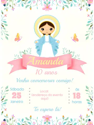 Convite Nossa Senhora Das Graças Pastel editável e personalizável