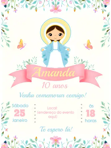 Convite Nossa Senhora Das Graças Pastel para batizado de crianças. – tema batizado (floral, pastel, delicado, cristão, moderno, elegante)